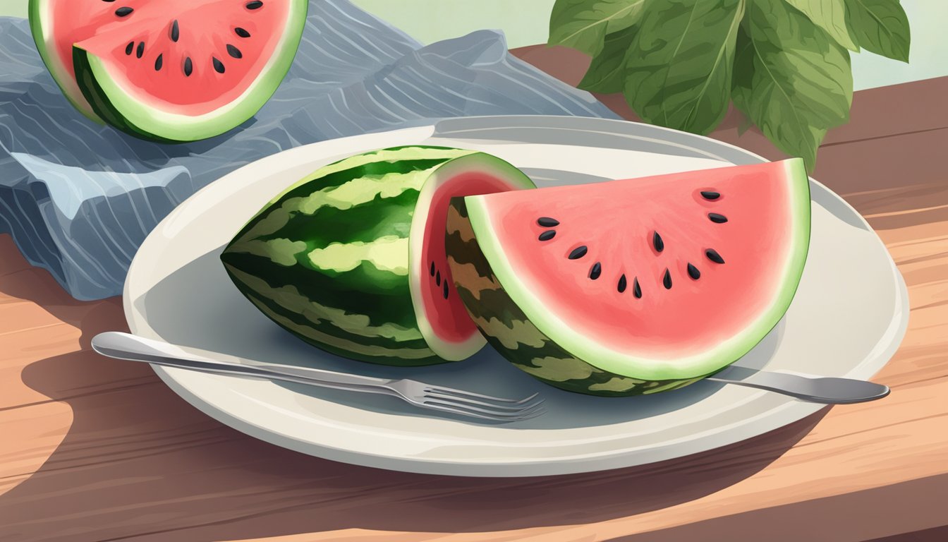 A watermelon slice on a plate next to a keto-friendly meal