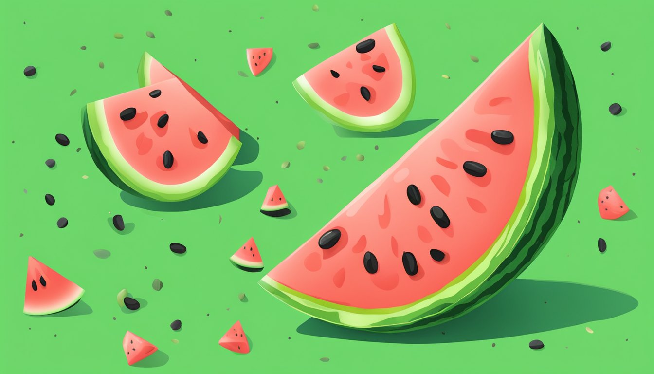 A watermelon slice surrounded by scattered seeds on a vibrant green background