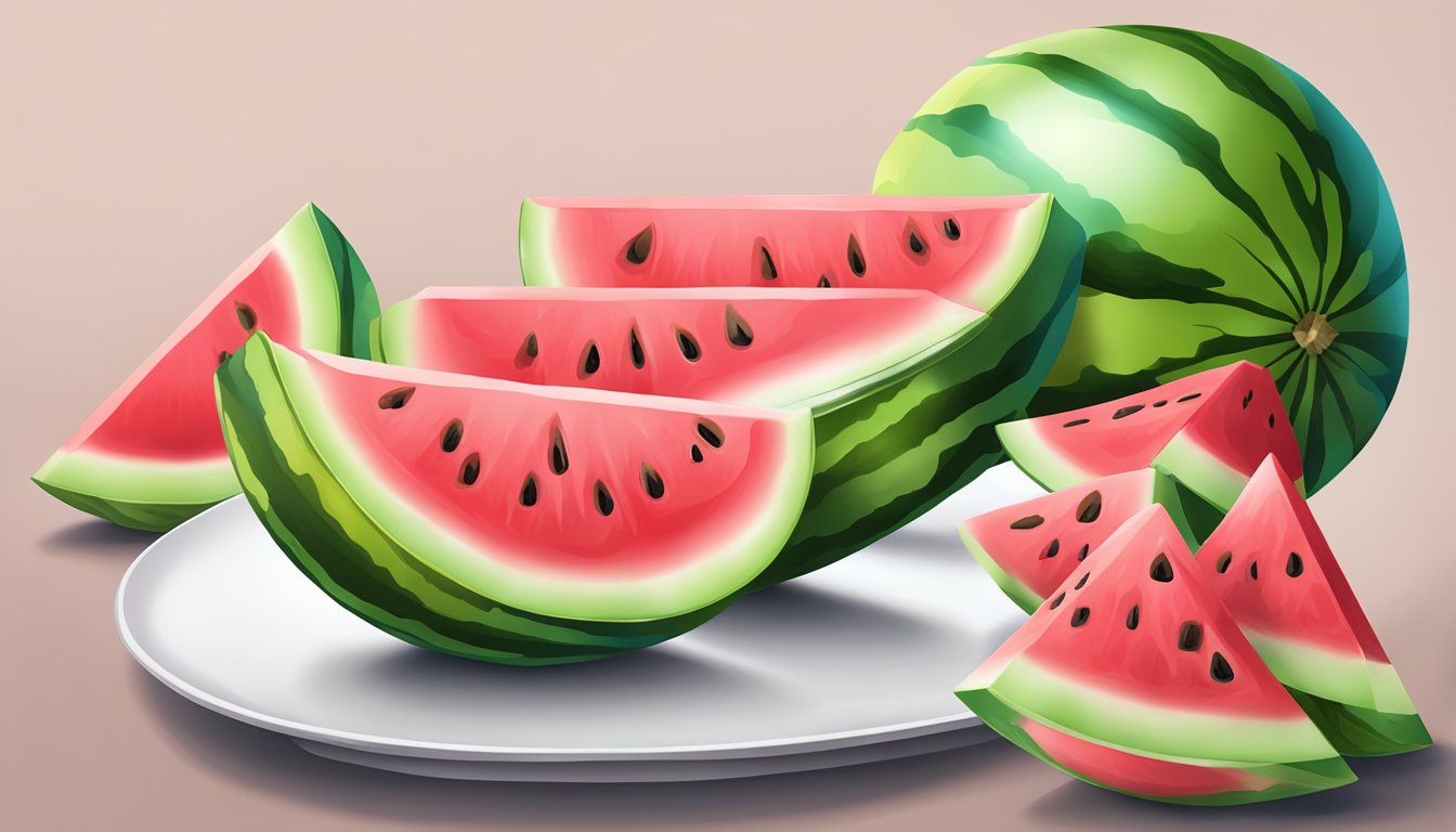 A juicy watermelon sliced into cubes on a white serving platter