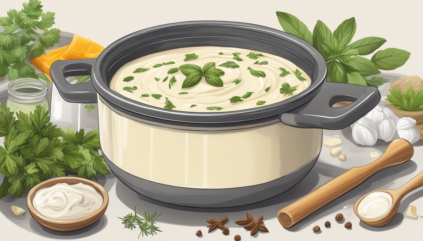 A pot of simmering cream cheese sauce with a whisk and various herbs and spices nearby