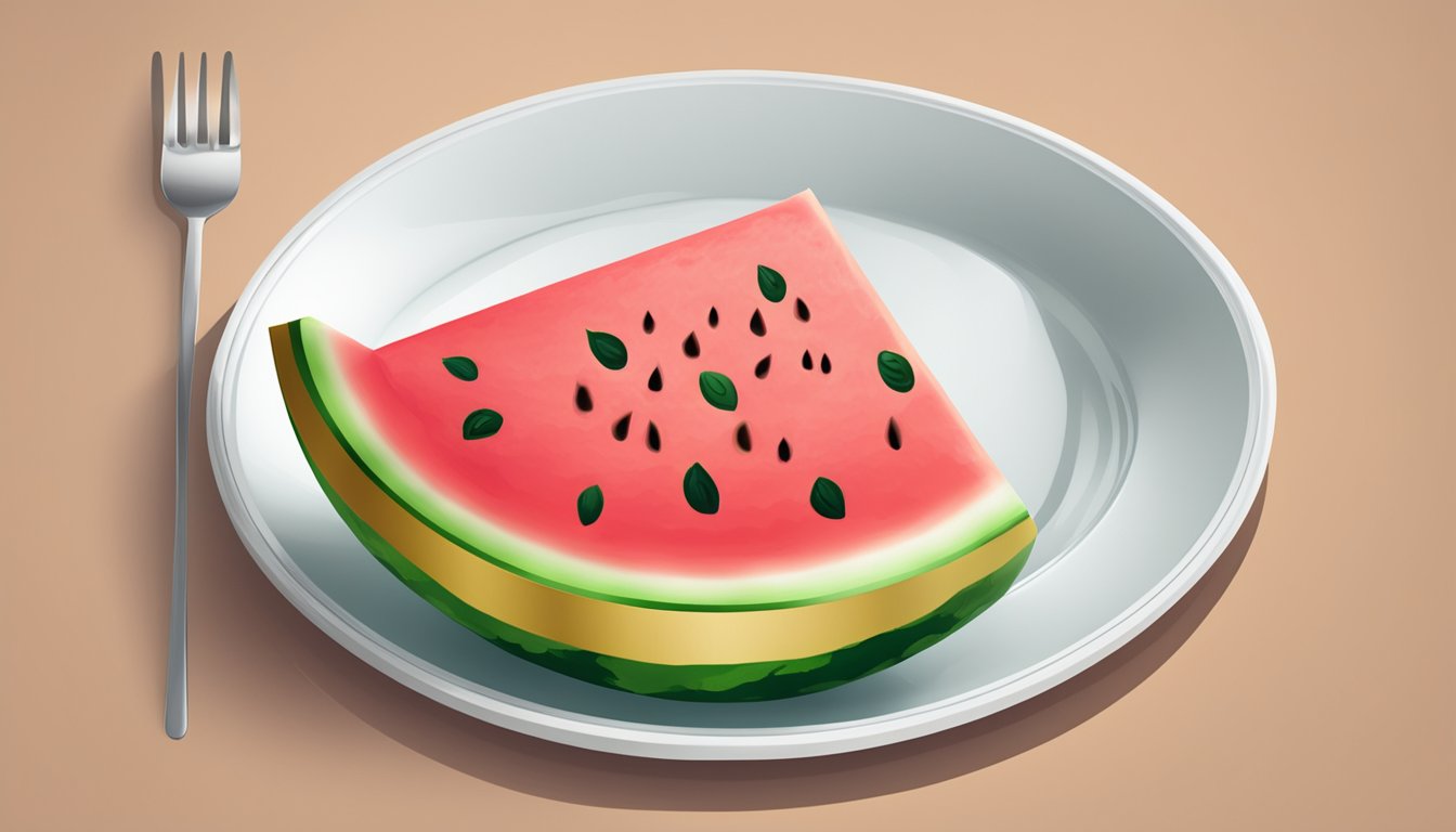 A juicy watermelon slice on a plate, with a measuring cup and calorie count visible