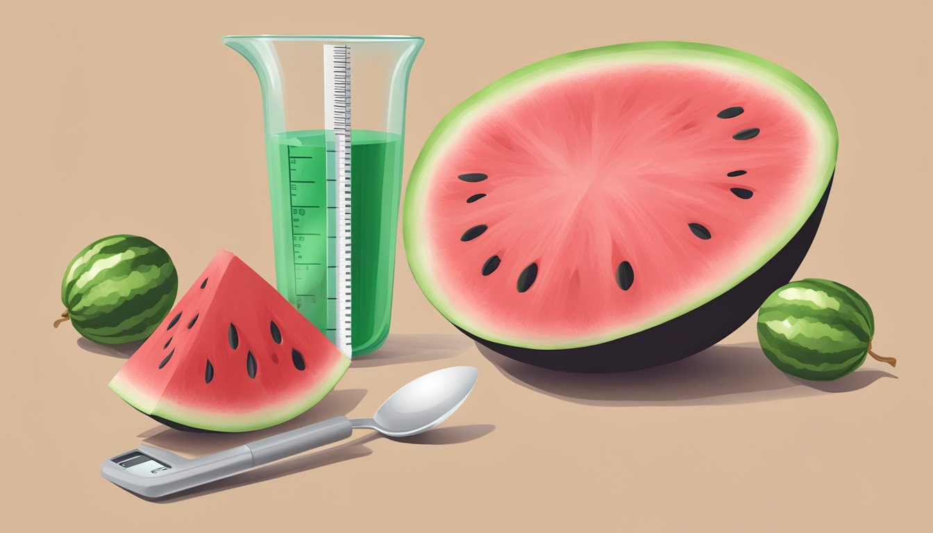 A watermelon slice next to a measuring cup with calorie count