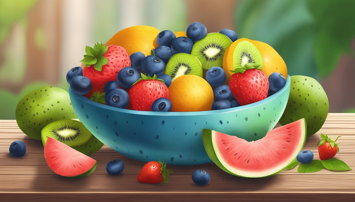 A colorful fruit bowl with sliced watermelon, surrounded by fresh strawberries, blueberries, and kiwi on a wooden table