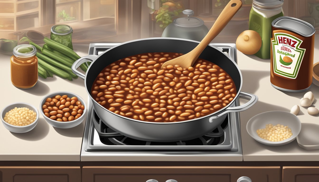 A pot of Heinz Baked Beans simmering on a stovetop, surrounded by ingredients and utensils for cooking comfort food