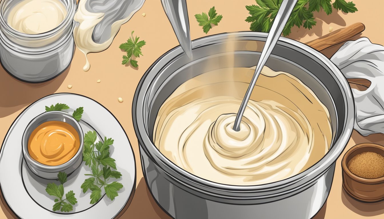 A pot of creamy sauce being stirred with a dollop of Philadelphia cream cheese melting into the mixture, surrounded by various herbs and spices