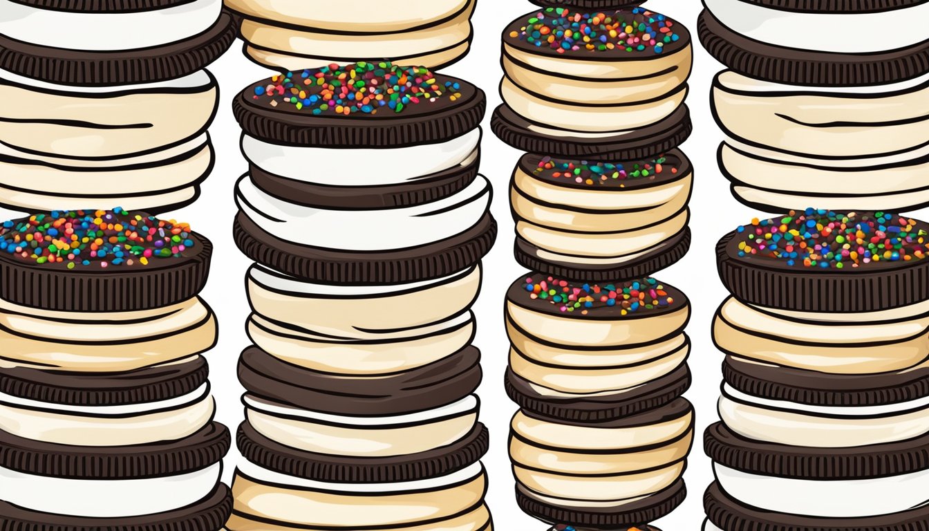 A stack of Oreo cookies surrounded by bowls of whipped cream, chocolate sauce, and colorful sprinkles, ready to be used as toppings for decadent desserts