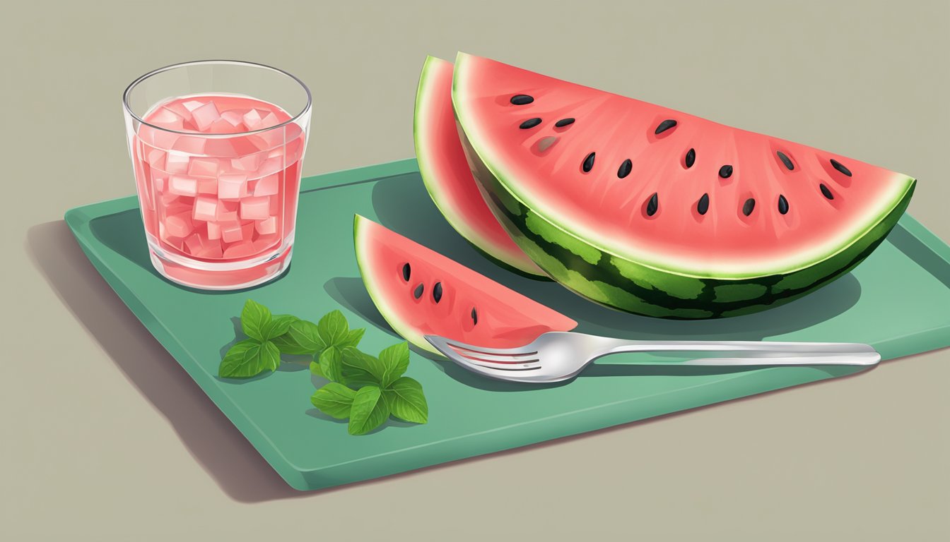 A watermelon sliced into cubes on a plate with a measuring cup beside it