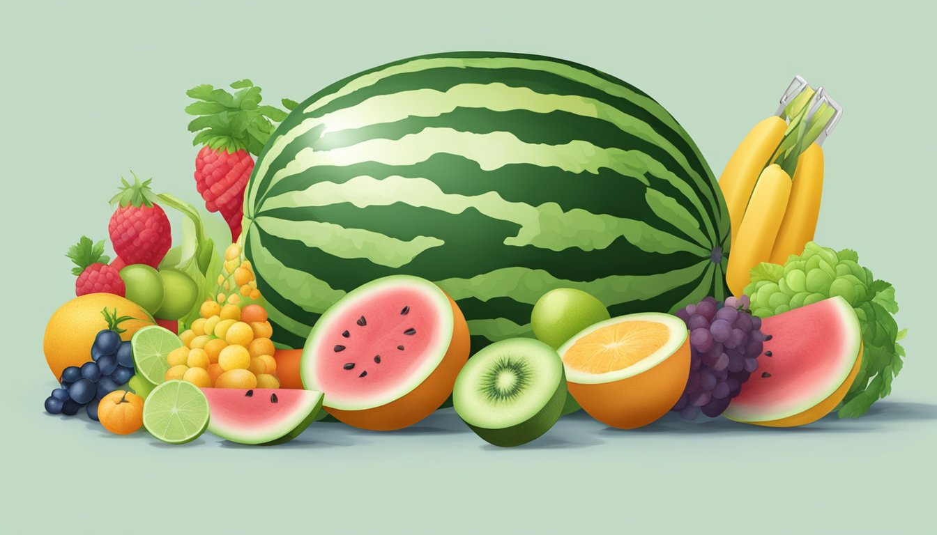 A watermelon slice with measuring tape around it, surrounded by various fruits and vegetables