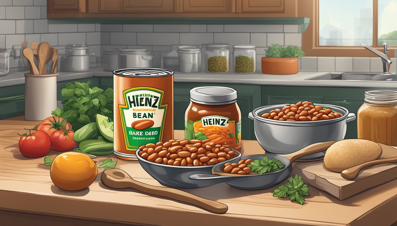 A cozy kitchen counter with a can of Heinz baked beans, a wooden spoon, a pot, and various fresh ingredients ready to be cooked