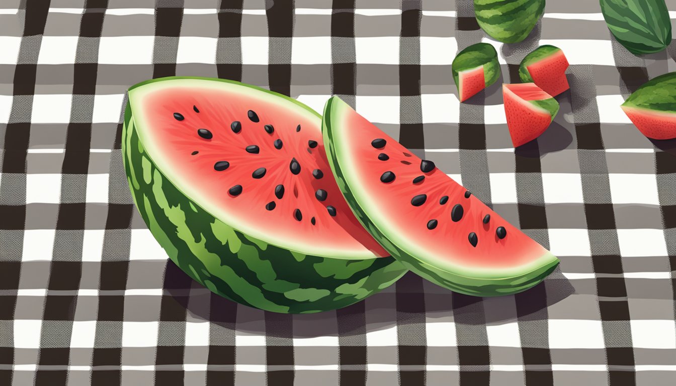 A juicy watermelon sliced open, with bright red flesh and black seeds, surrounded by vibrant green rind, sitting on a picnic blanket