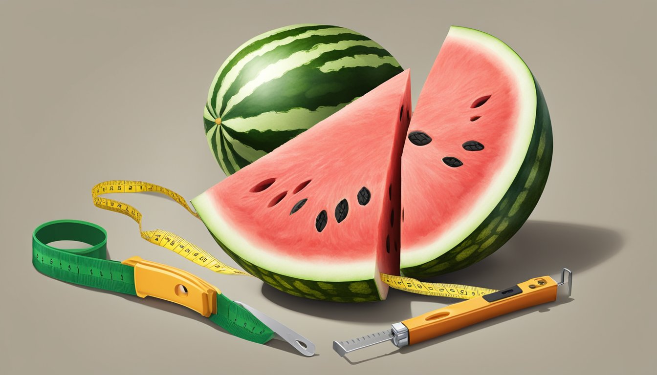 A watermelon being sliced with a measuring tape wrapped around it