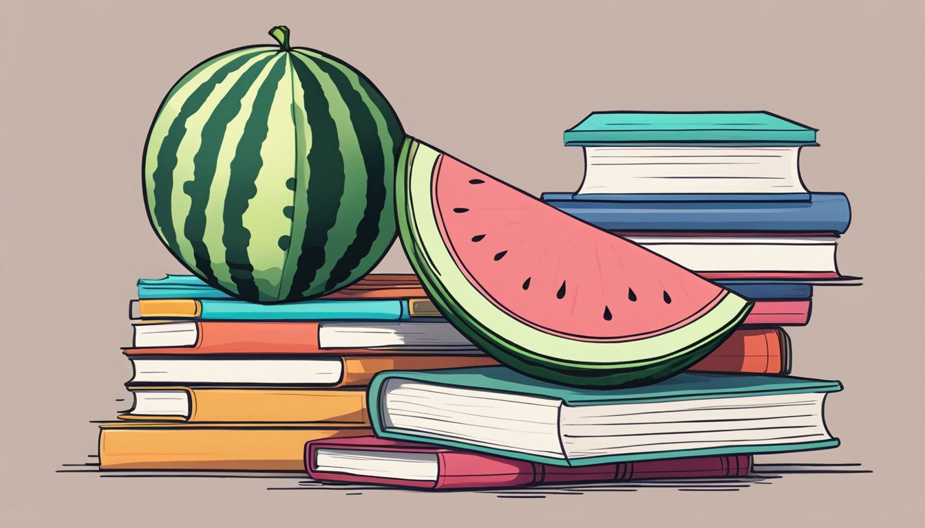 A watermelon sitting atop a stack of books, with musical notes floating around it