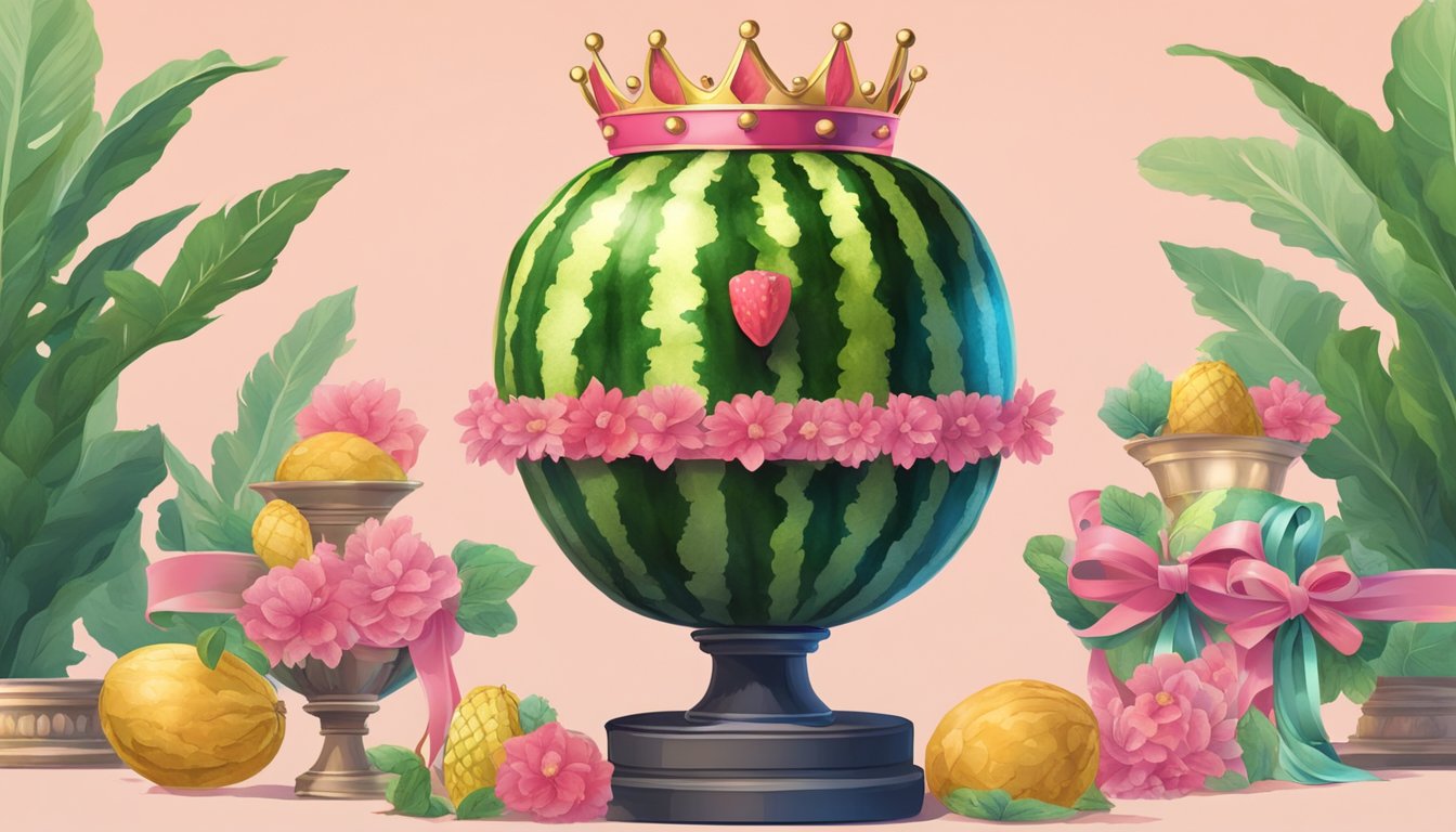 A watermelon wearing a crown on a pedestal surrounded by ribbons and trophies