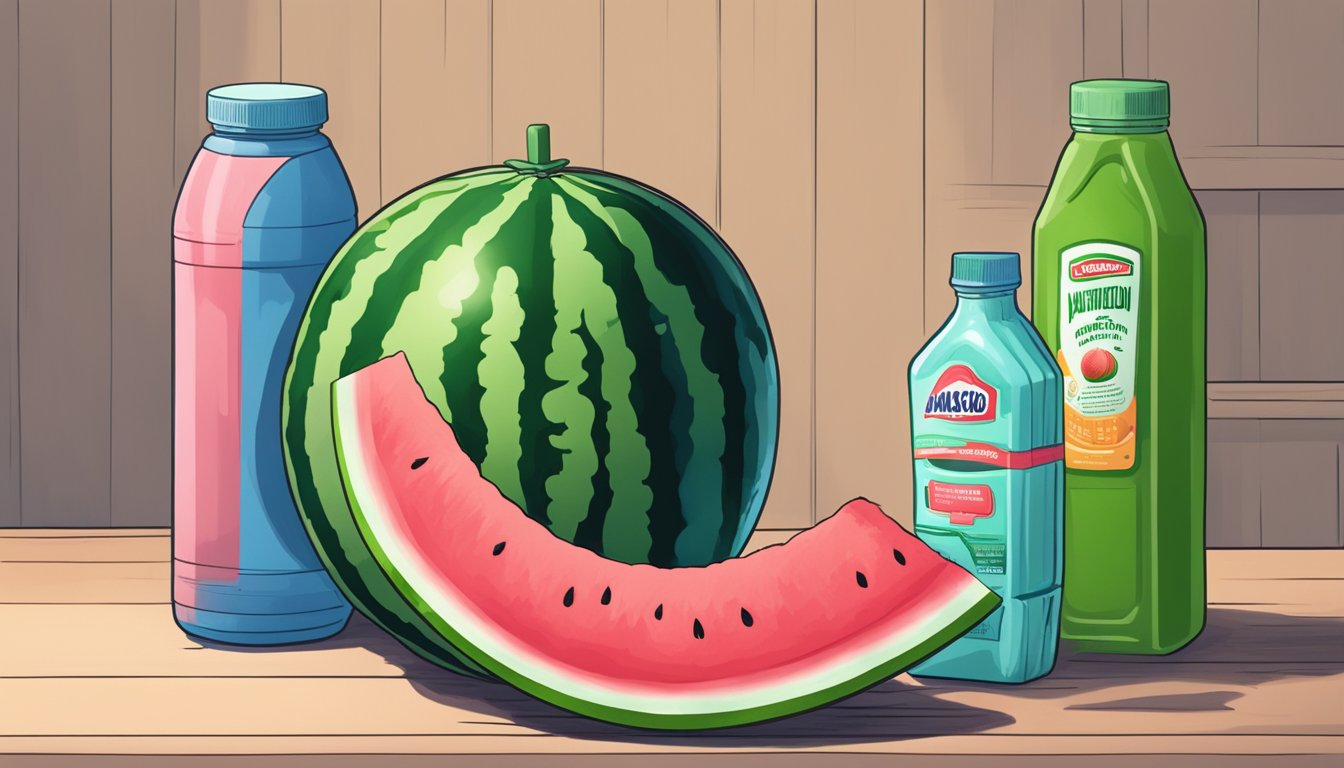 A watermelon sits next to a bottle of antacid, surrounded by a twisted expression of discomfort