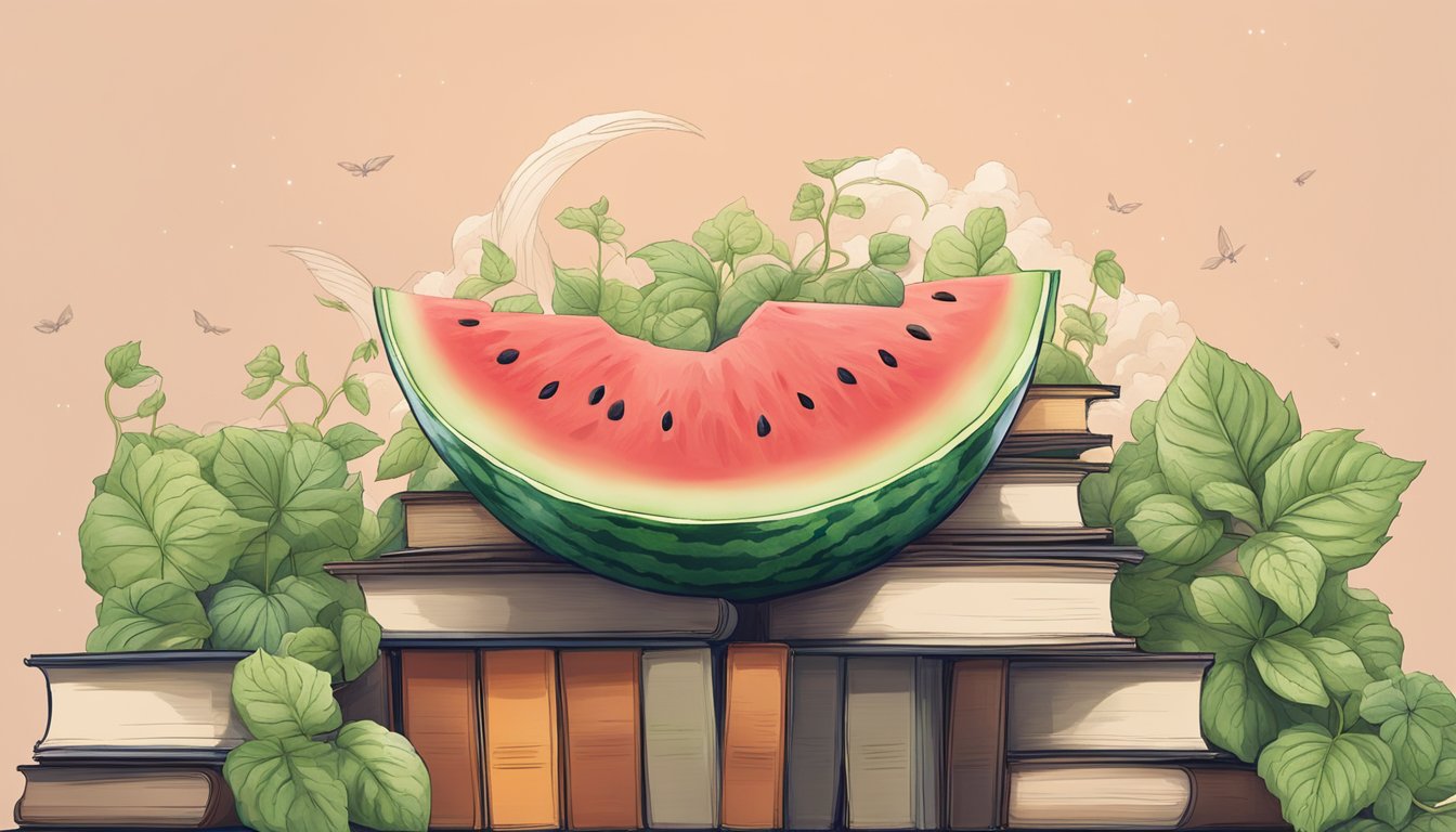 A watermelon sits atop a towering stack of books, reaching towards the sky as vines twist and wind around its rind