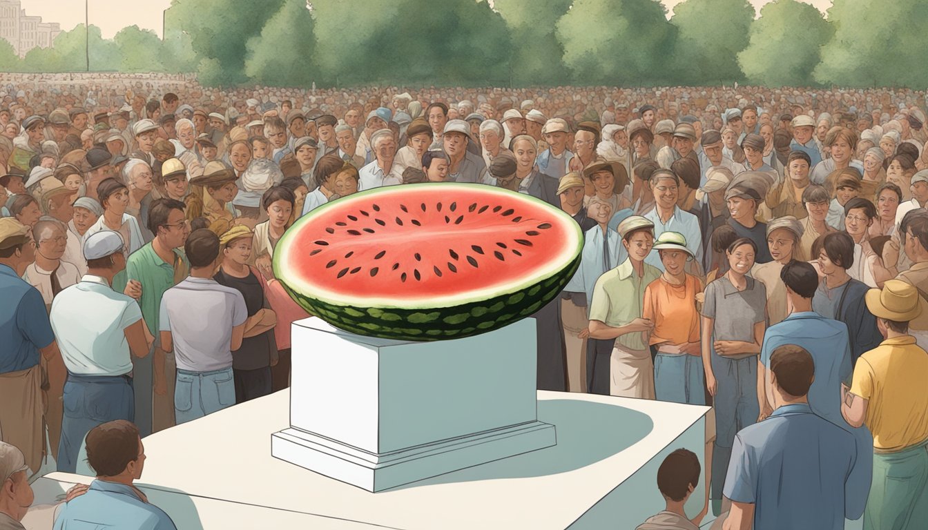 A watermelon on a pedestal, surrounded by a crowd of people and critics admiring it