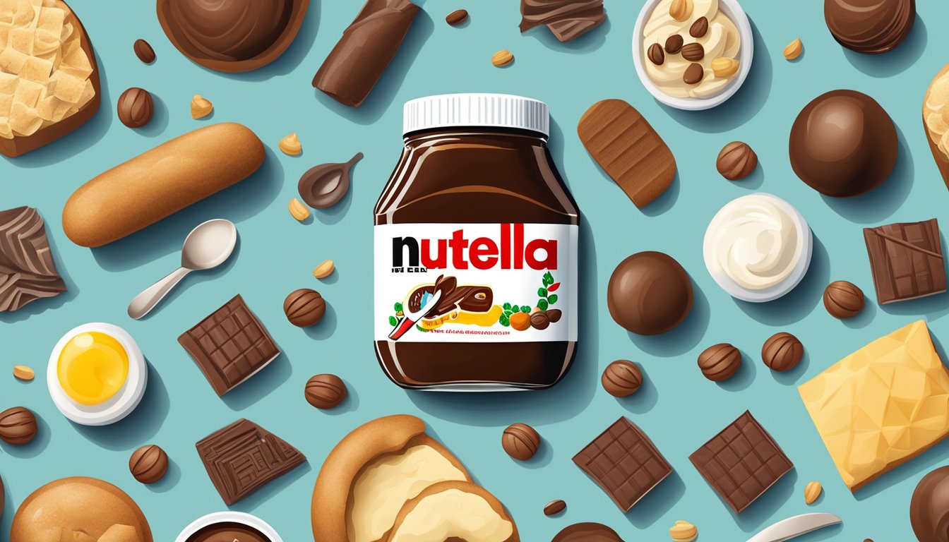 A jar of Nutella surrounded by various sweet ingredients and utensils on a kitchen counter