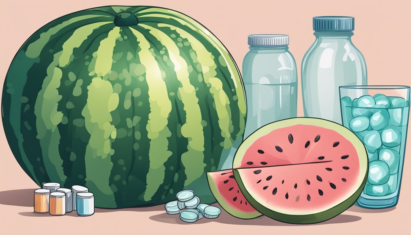 A watermelon sits next to an upset stomach, surrounded by discarded pills and a glass of water