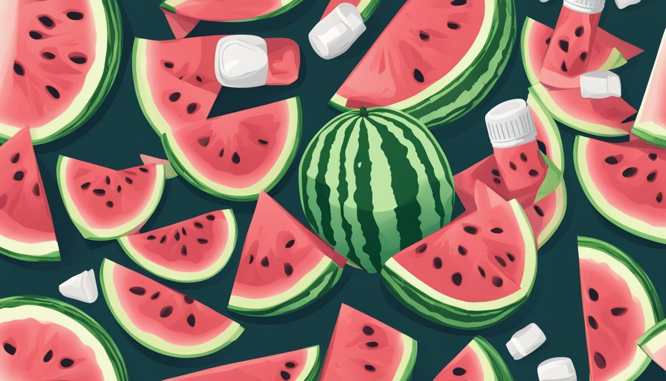 A watermelon split open with a sour expression, surrounded by crumpled tissues and a bottle of antacid