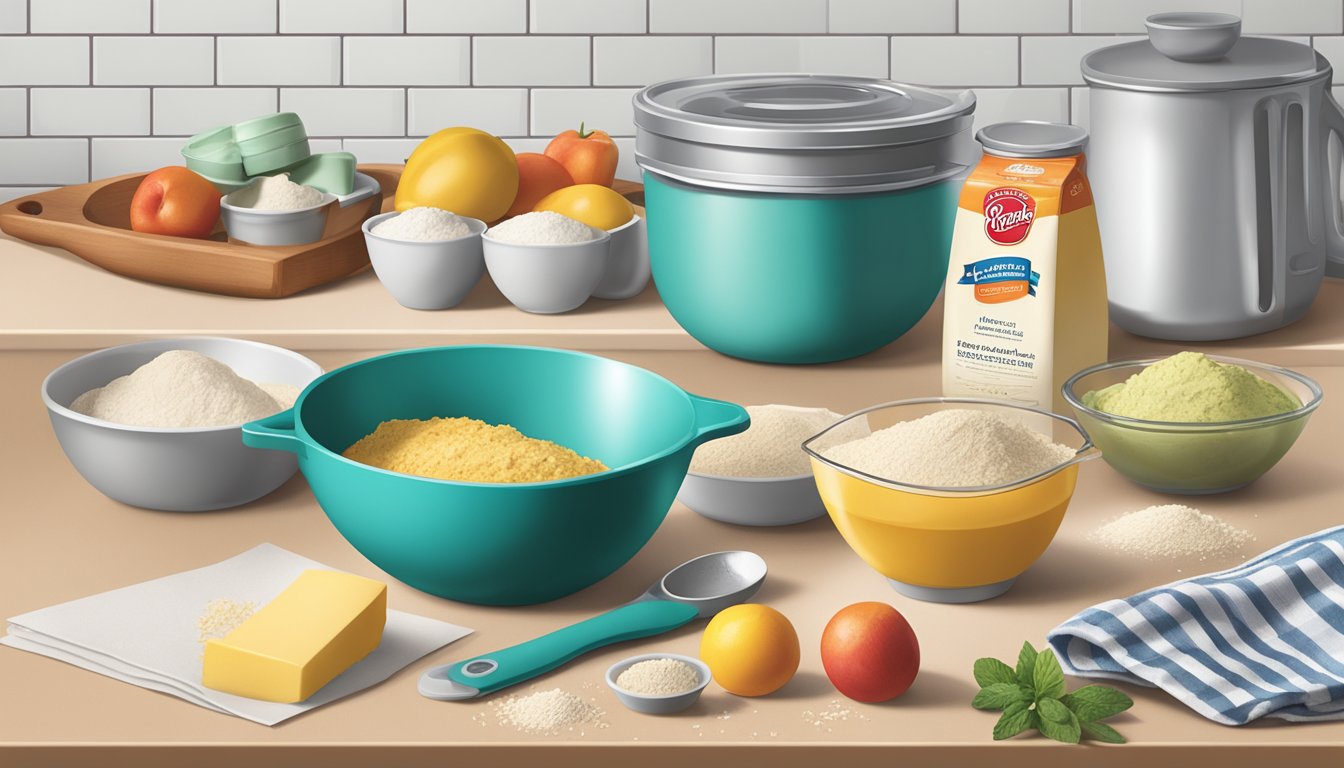 A kitchen counter with a mixing bowl, Betty Crocker cake mix box, measuring cups, and various ingredients scattered around