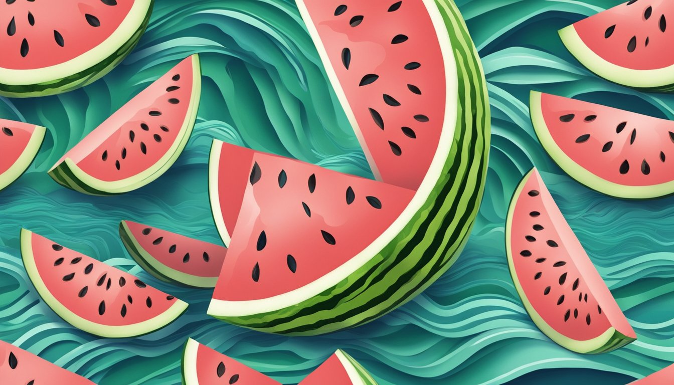 A sliced watermelon with a frowning face, surrounded by swirling green and blue waves