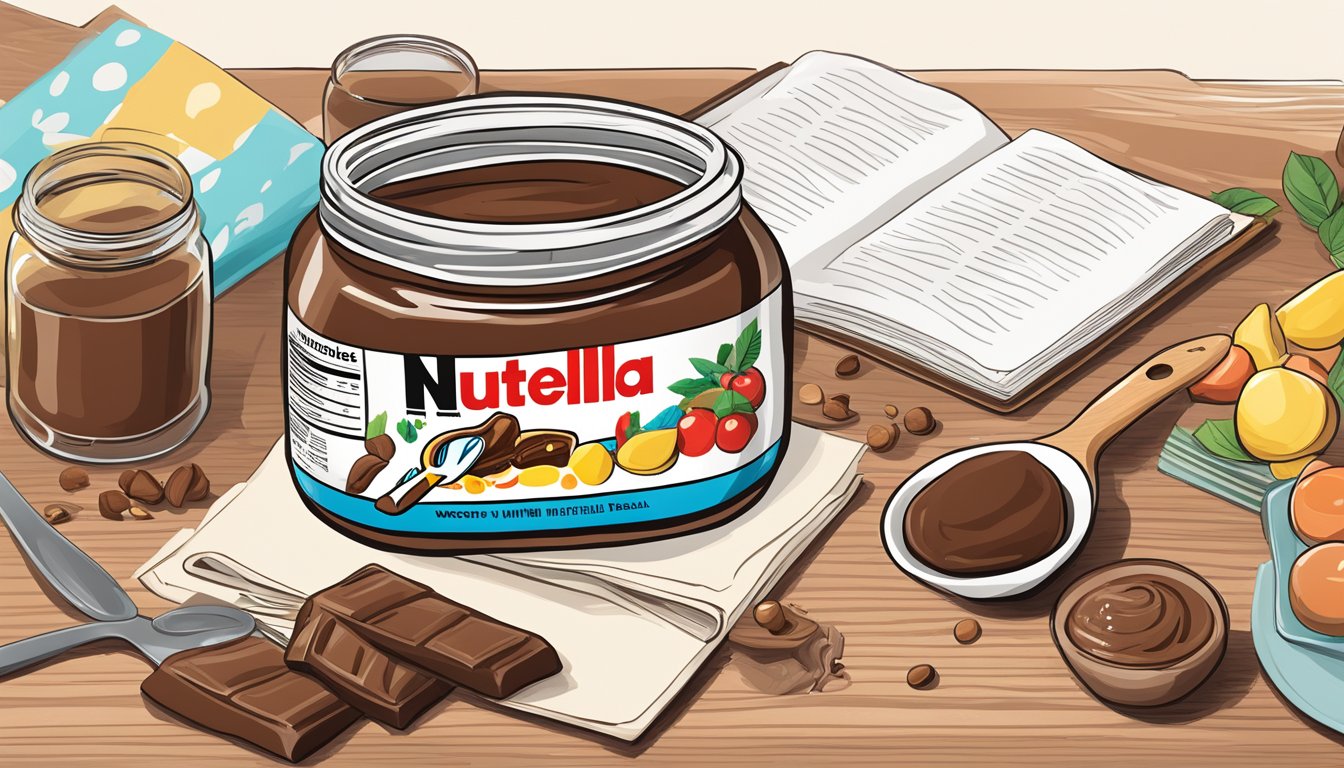 A jar of Nutella surrounded by ingredients and utensils on a kitchen counter, with a recipe book open to a page titled "Sweet Treats with Nutella."