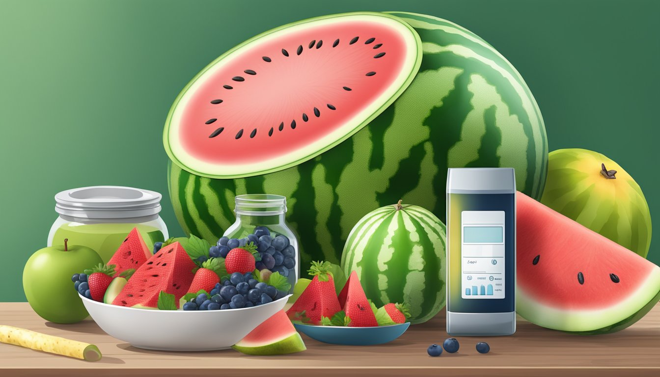 A watermelon and various other fruits arranged on a table, with a diabetic-friendly label next to the watermelon