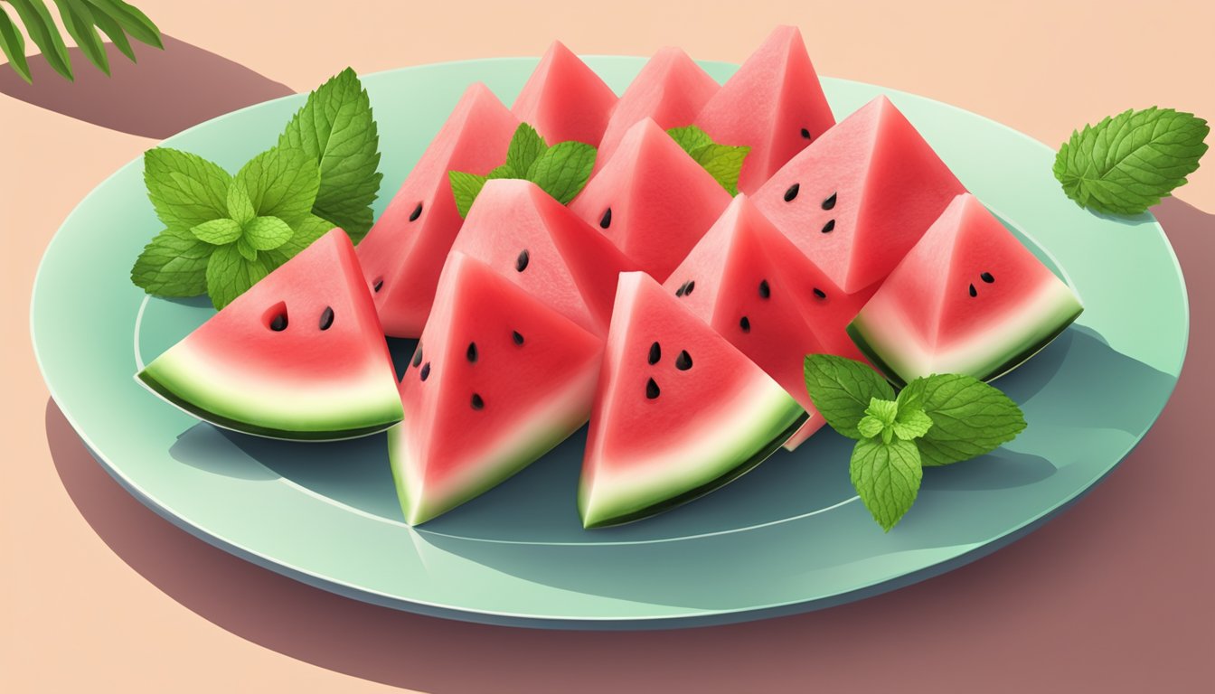 A ripe watermelon sliced into cubes, arranged on a platter with a sprig of mint for garnish