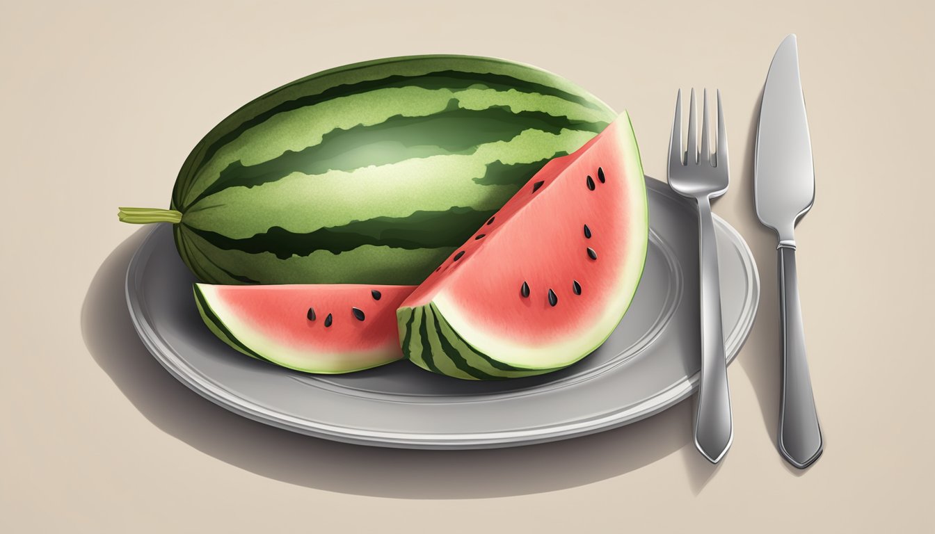 A watermelon slice on a plate with seeds and a fork beside it