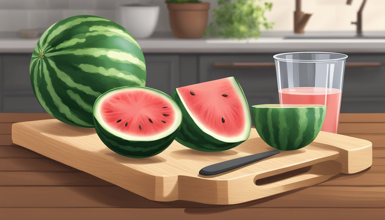 A sliced watermelon sitting on a wooden cutting board with a measuring cup next to it