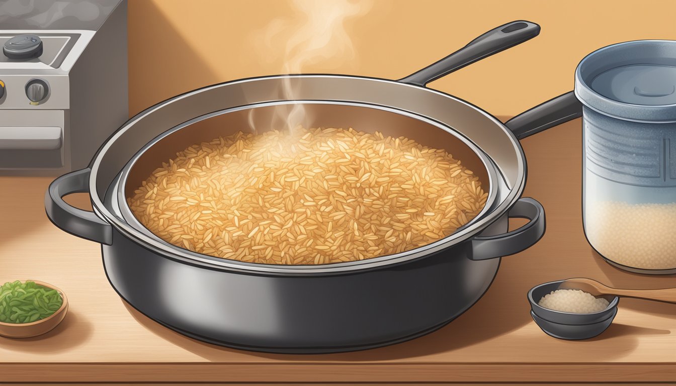 A pot of Uncle Ben's Rice simmering on a stovetop, steam rising. Ingredients nearby, a measuring cup, and a wooden spoon