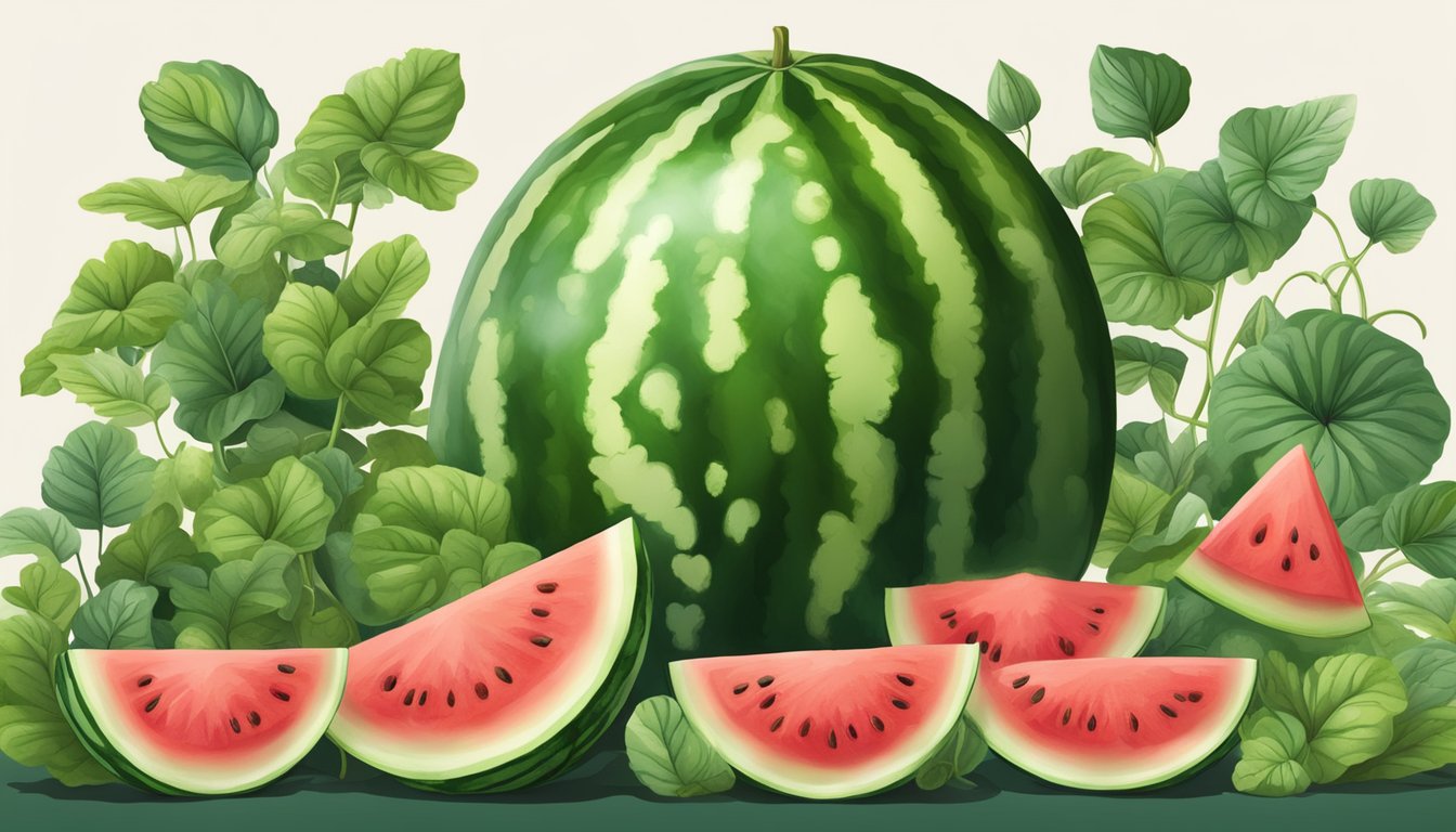 A watermelon plant with lush green leaves and tendrils, bearing large, striped fruits