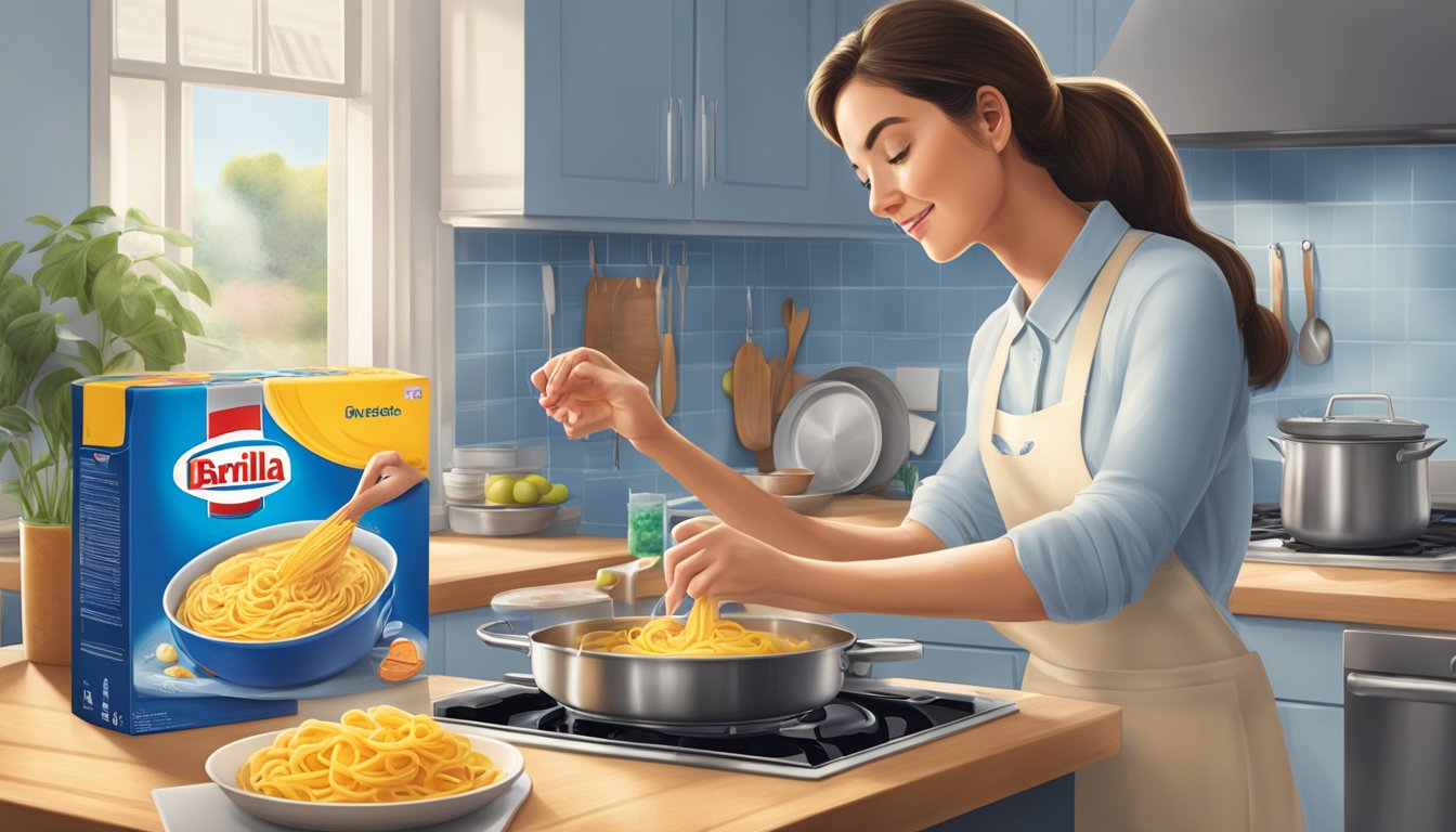 A woman in a kitchen, holding a box of Barilla pasta and examining different shapes and sizes while a pot of water boils on the stove