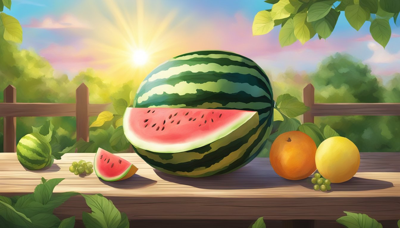 A watermelon sitting on a rustic wooden table, surrounded by vibrant flowers and fruits, with the sun shining overhead