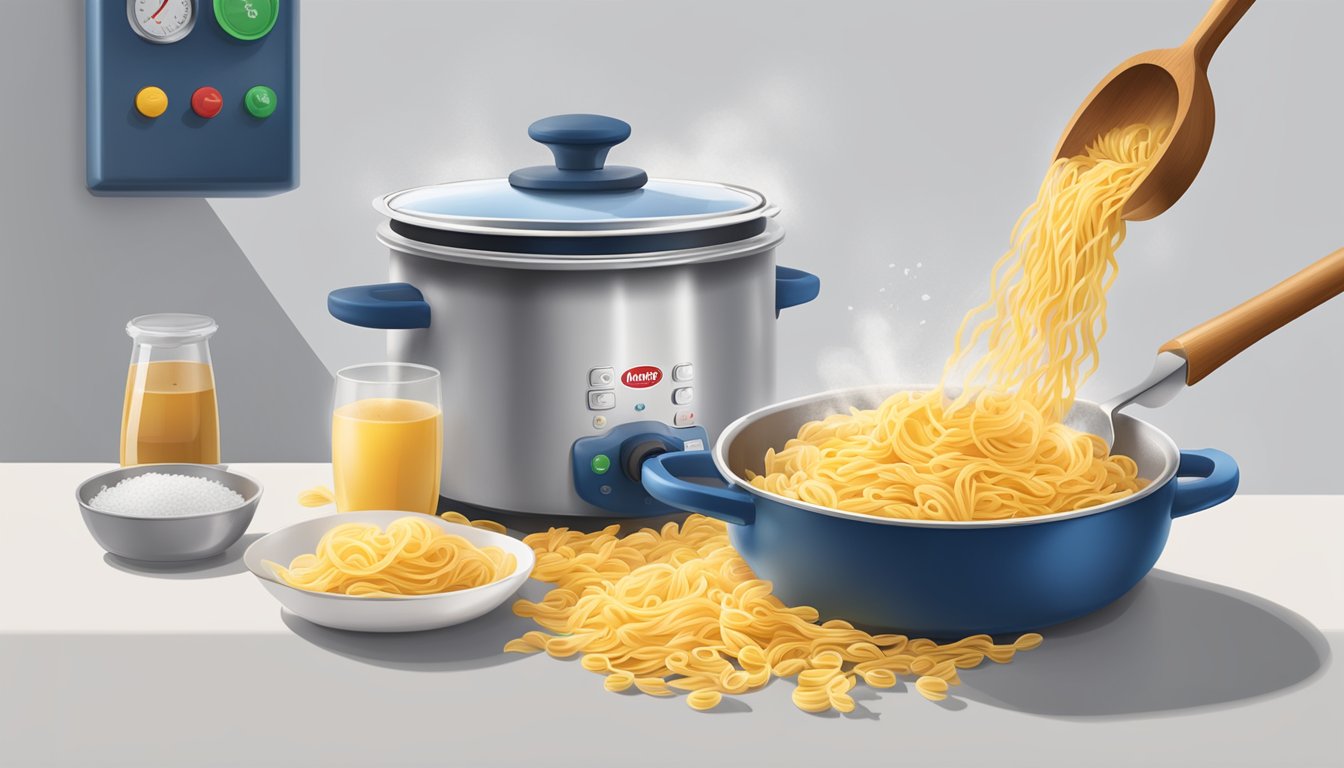 A pot of boiling water with Barilla pasta being poured in, a wooden spoon stirring, and a timer set on the counter