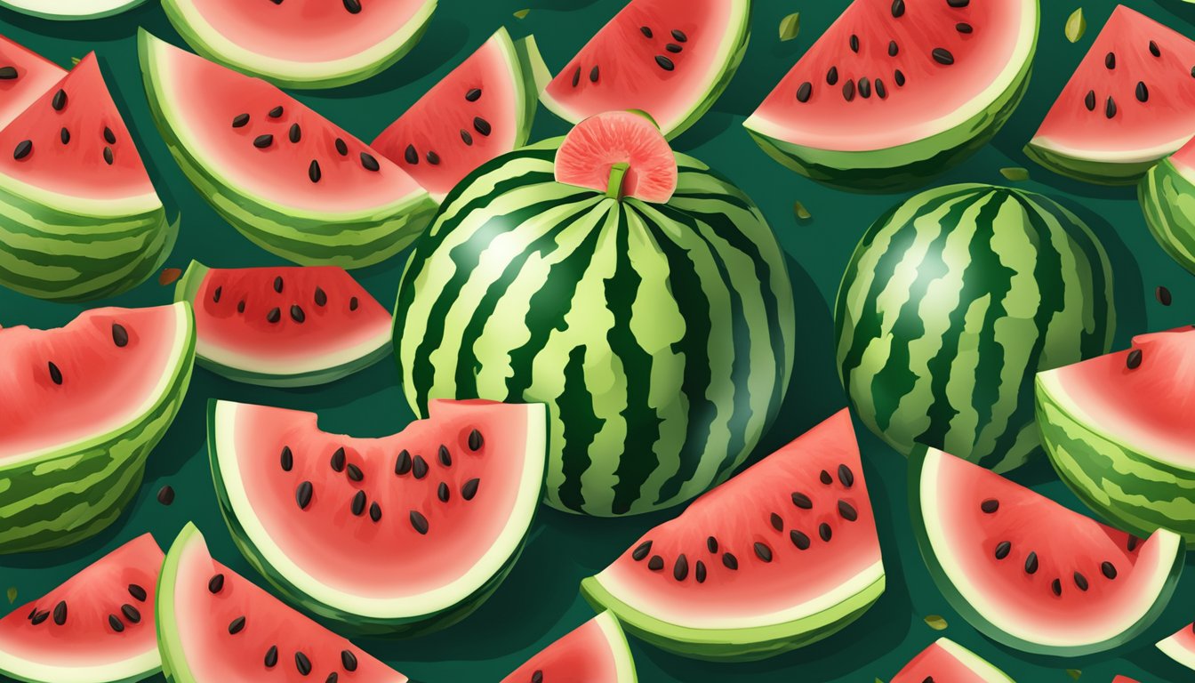 A ripe watermelon split open, revealing vibrant red flesh with seeds, surrounded by green rind