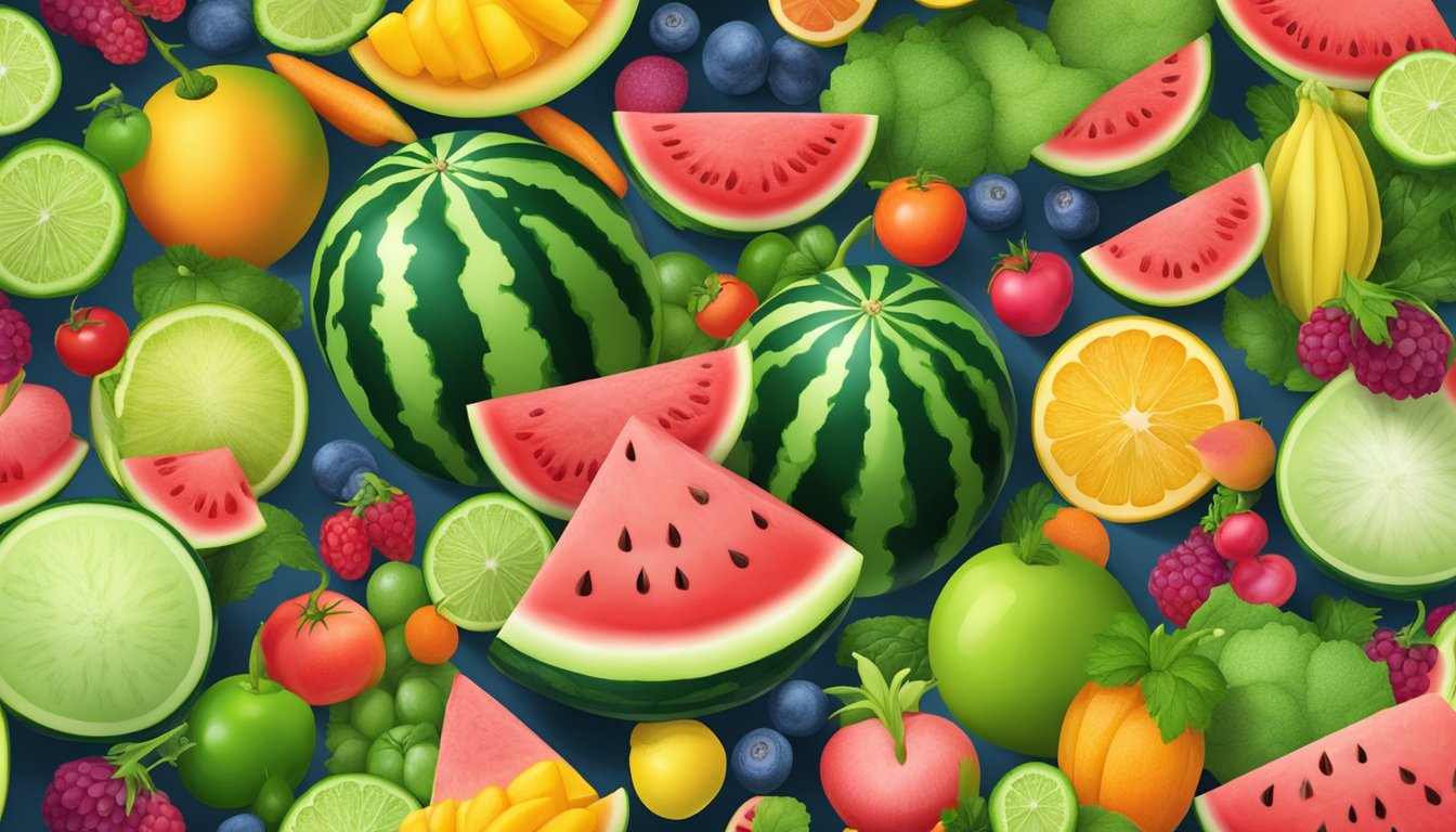 A ripe watermelon surrounded by colorful fruits and vegetables, with a variety of vitamin and mineral supplements scattered around it