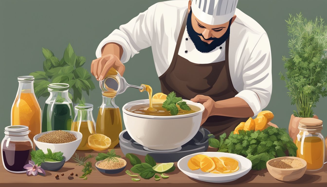 A chef pouring kombucha into a bowl of marinade, surrounded by various herbs and spices