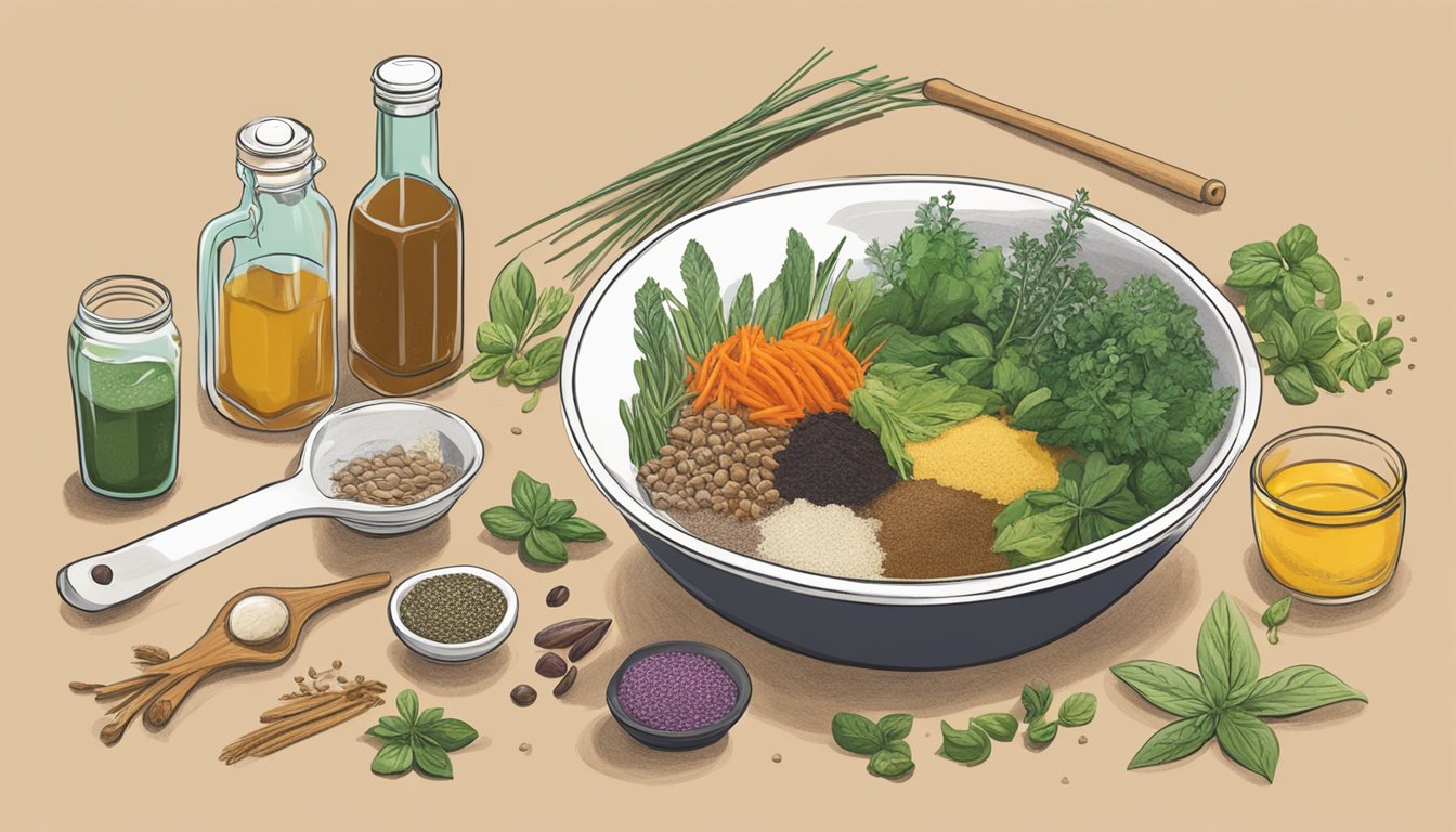 A bowl of marinade ingredients, including kombucha, herbs, and spices, being mixed together with a whisk