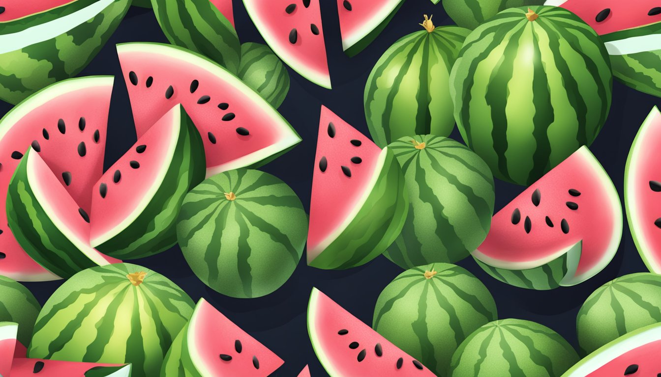 A ripe watermelon sliced open, revealing its juicy, pink flesh and scattered seeds