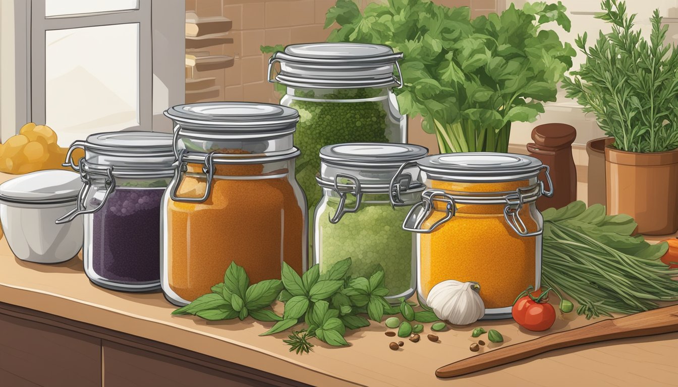 Various McCormick spice jars arranged on a kitchen counter, surrounded by fresh herbs and colorful ingredients. A chef's knife and cutting board are nearby, ready for use