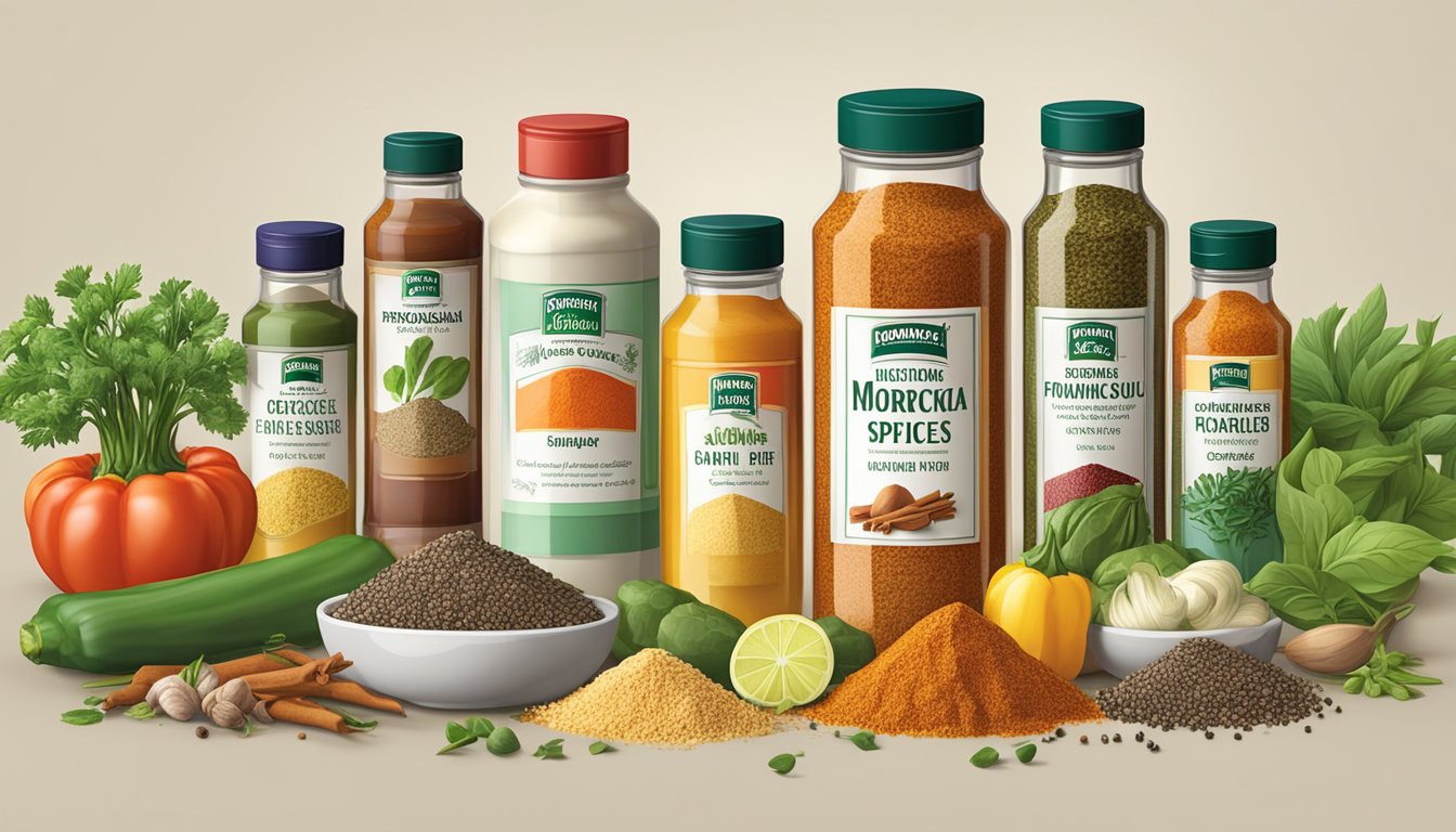 A variety of McCormick spices arranged neatly on a kitchen counter, surrounded by fresh herbs and colorful vegetables, ready to be used in flavorful dishes