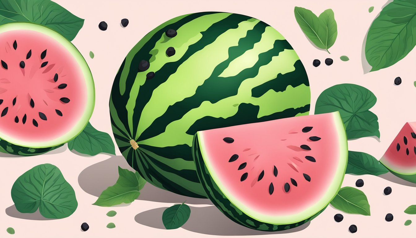 A ripe watermelon with green rind and pink flesh, surrounded by scattered seeds and a few scattered leaves