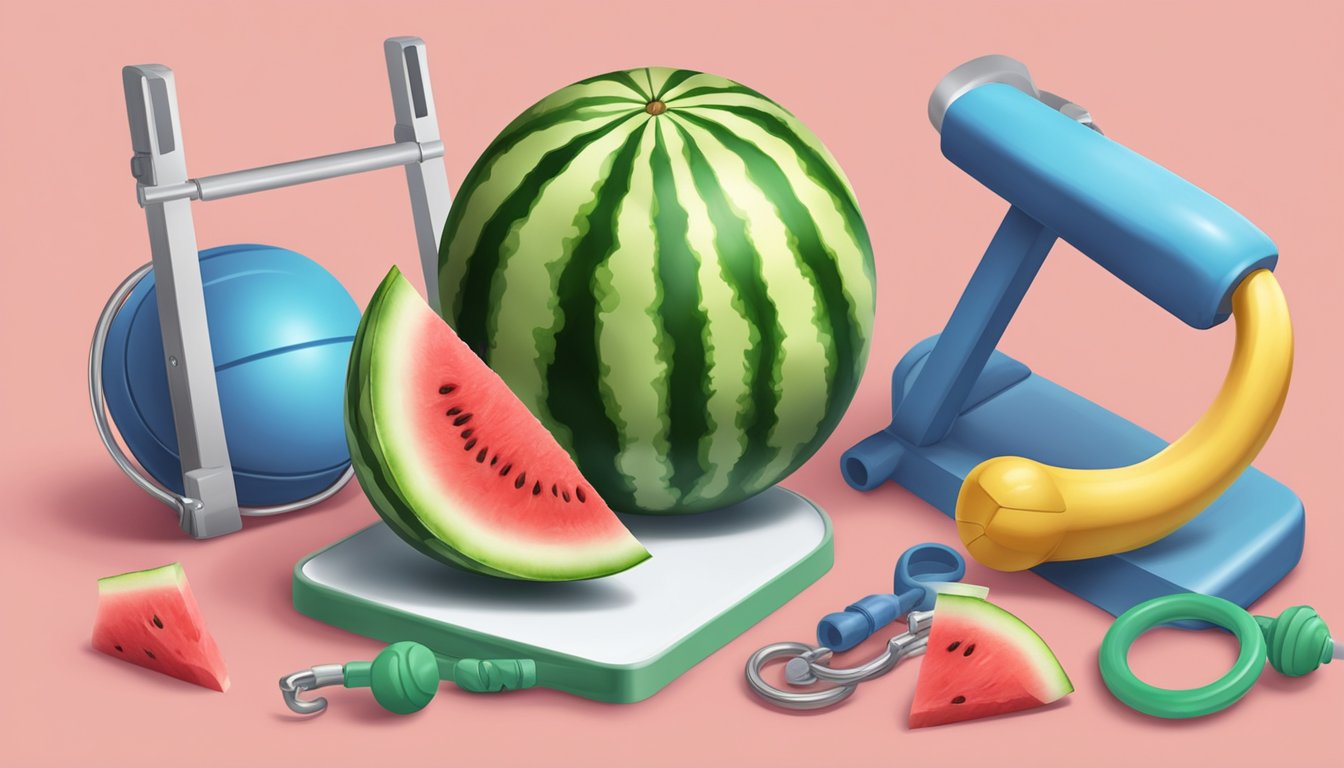 A juicy watermelon slice surrounded by exercise equipment