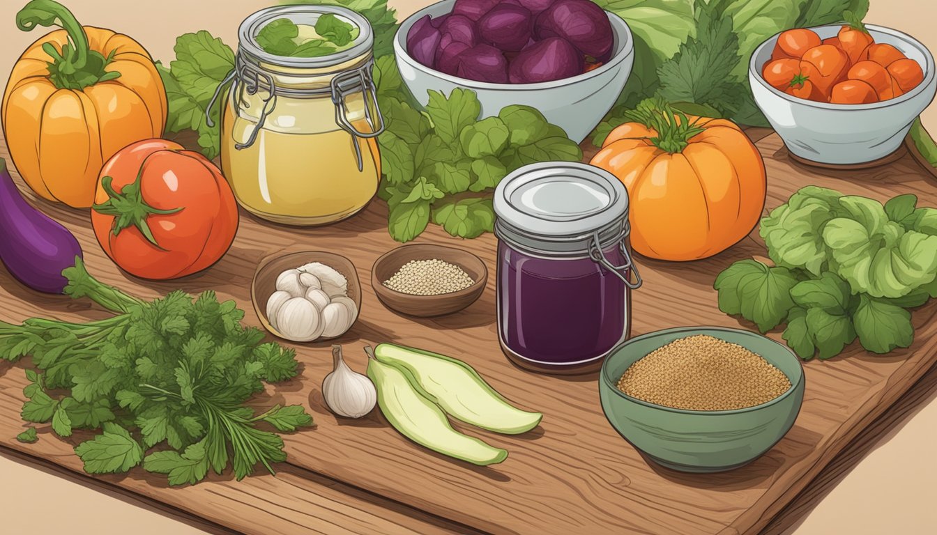 Fresh vegetables and a jar of kombucha on a wooden cutting board, surrounded by various herbs and spices