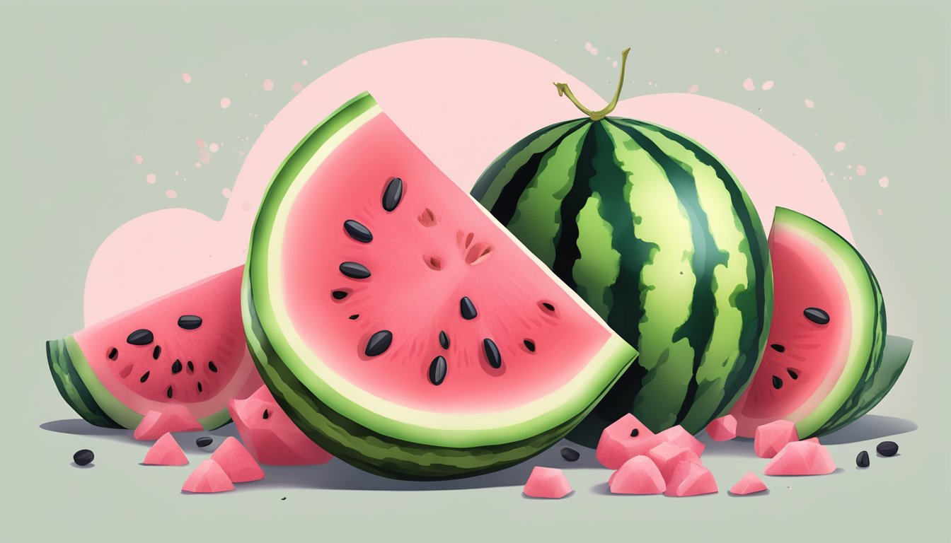 A watermelon sliced open, revealing its juicy pink flesh and black seeds, with a few pieces of the fruit scattered around