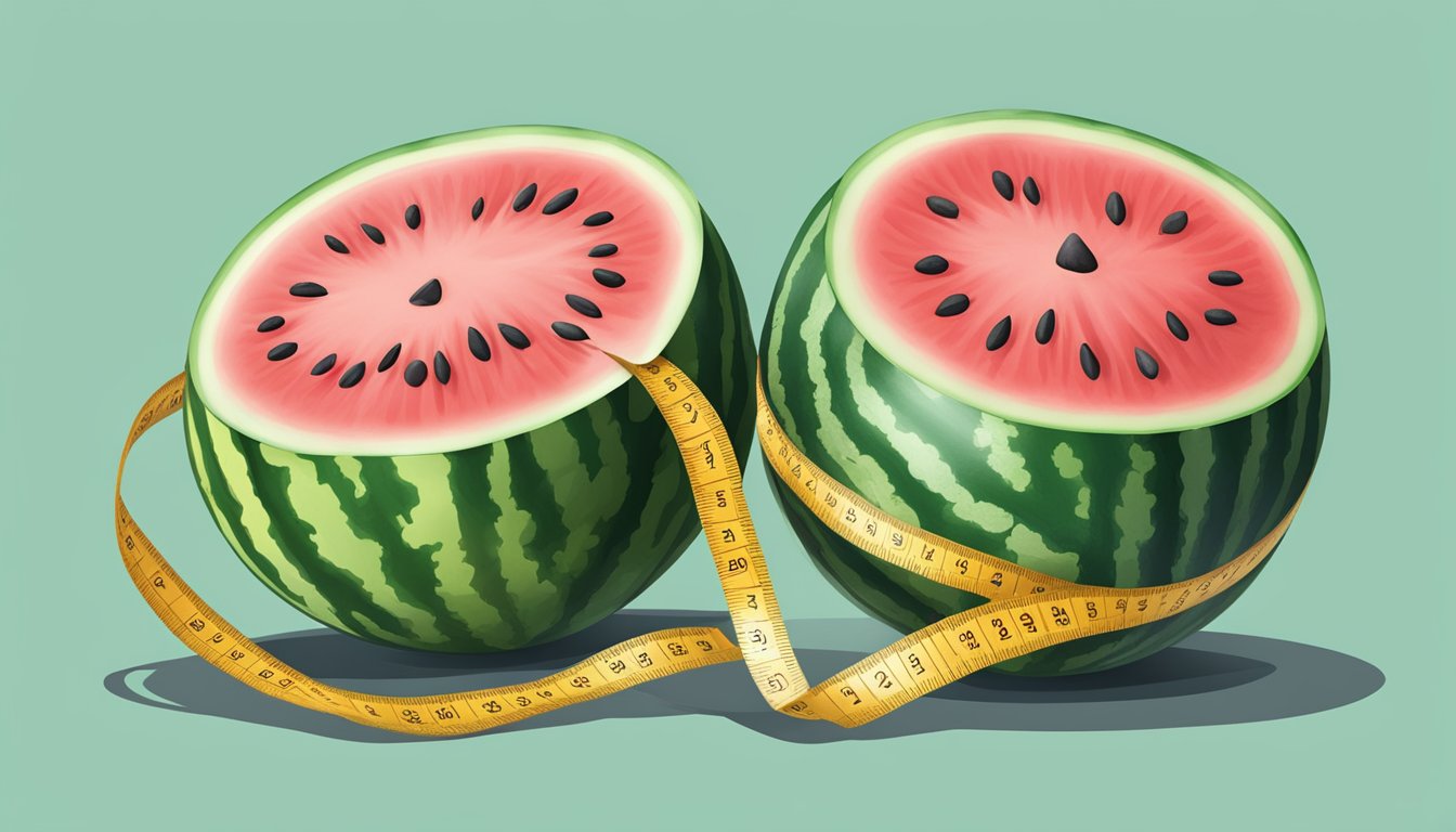 A watermelon sliced in half, with the flesh and seeds visible, surrounded by a measuring tape to represent the nutritional profile and net carbs