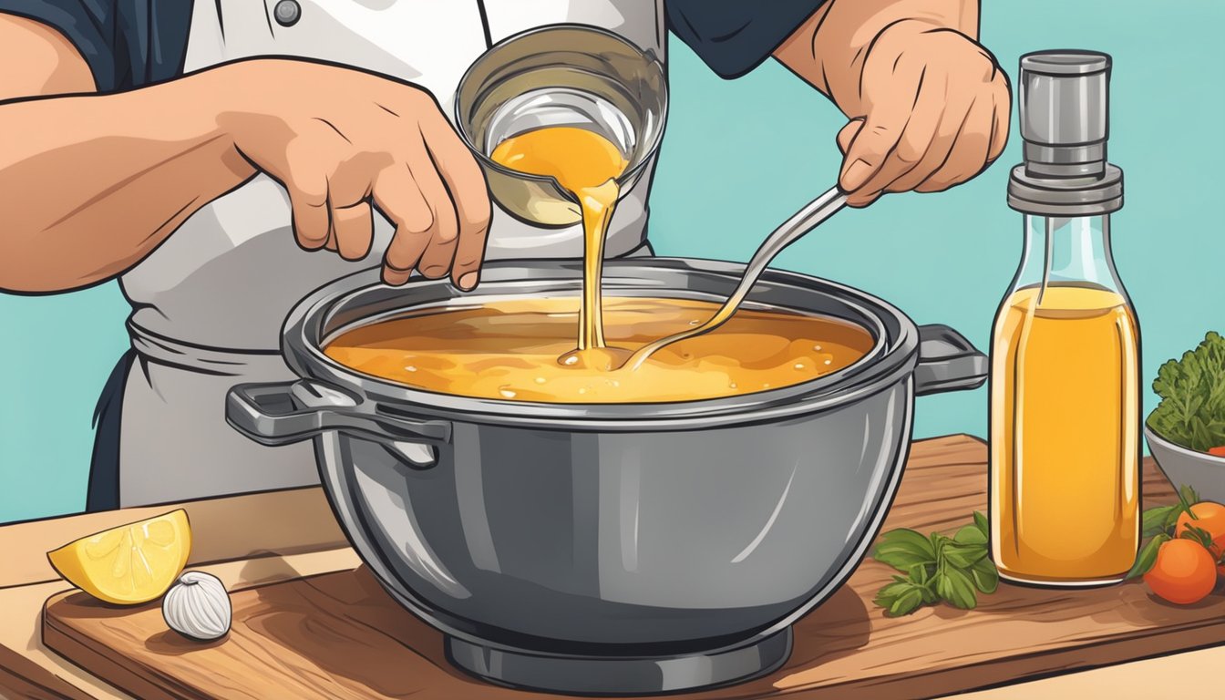 A chef pours kombucha into a mixing bowl with various ingredients, creating a flavorful marinade or dressing