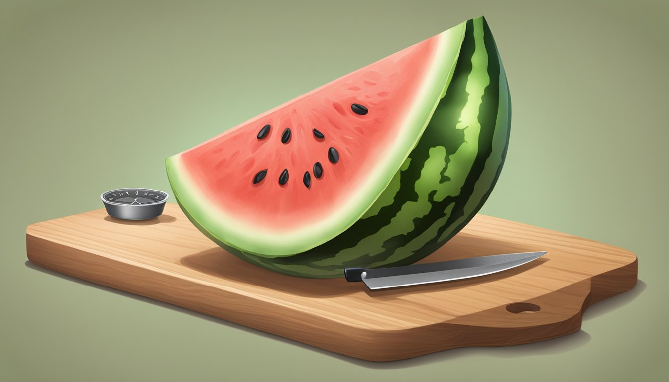 A ripe, juicy watermelon slice sits on a cutting board, with a measuring scale and a nutrition label next to it