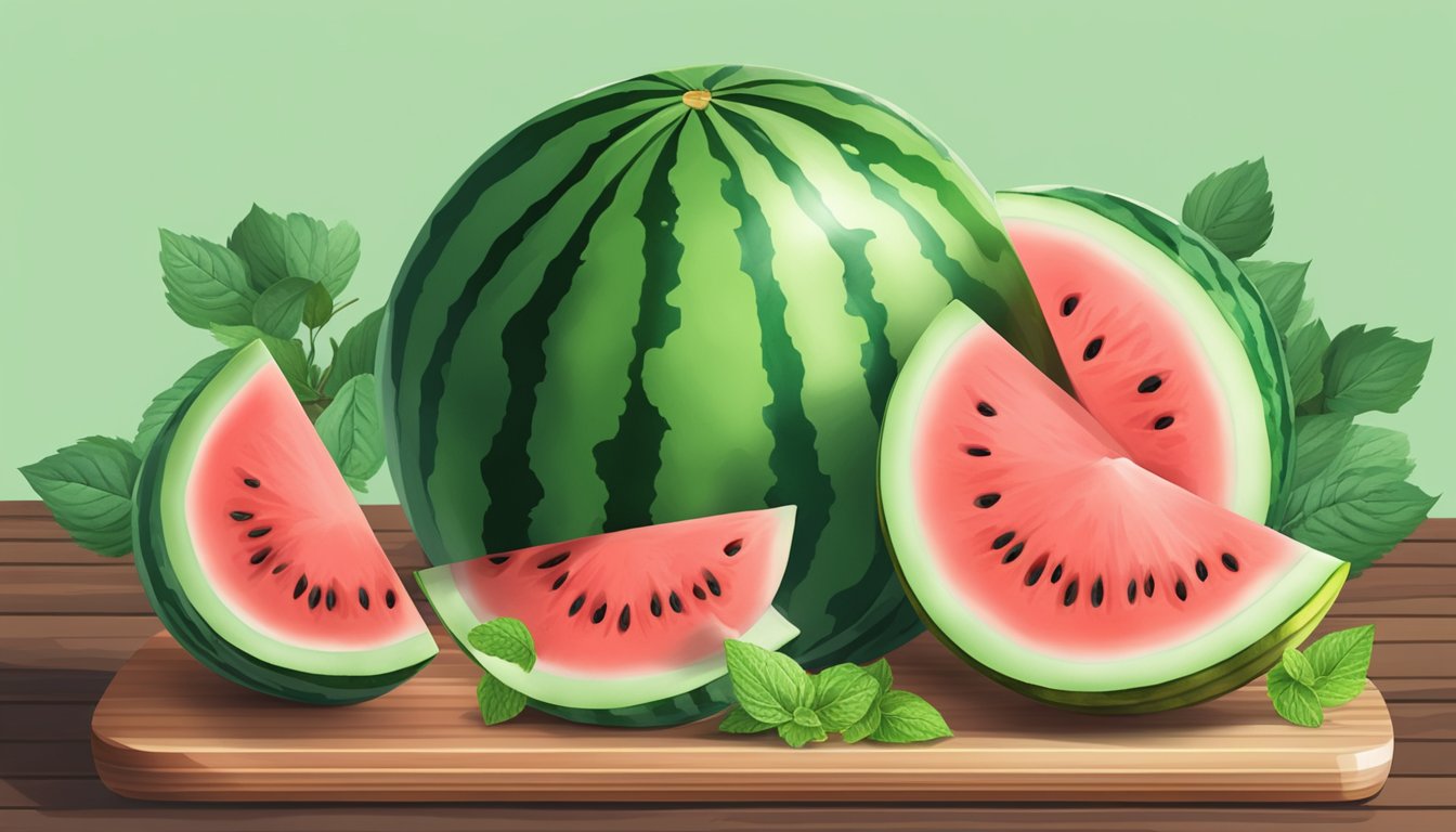 A watermelon sliced into wedges on a wooden cutting board, with mint leaves and a bowl of mixed fruits in the background